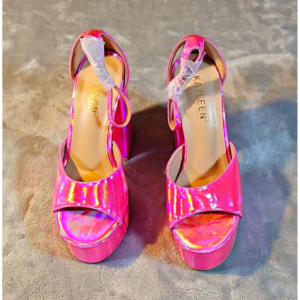 Kayleen Pink Synthetic Platform Block Heel Ankle Strap Open Toe Buckle 6
